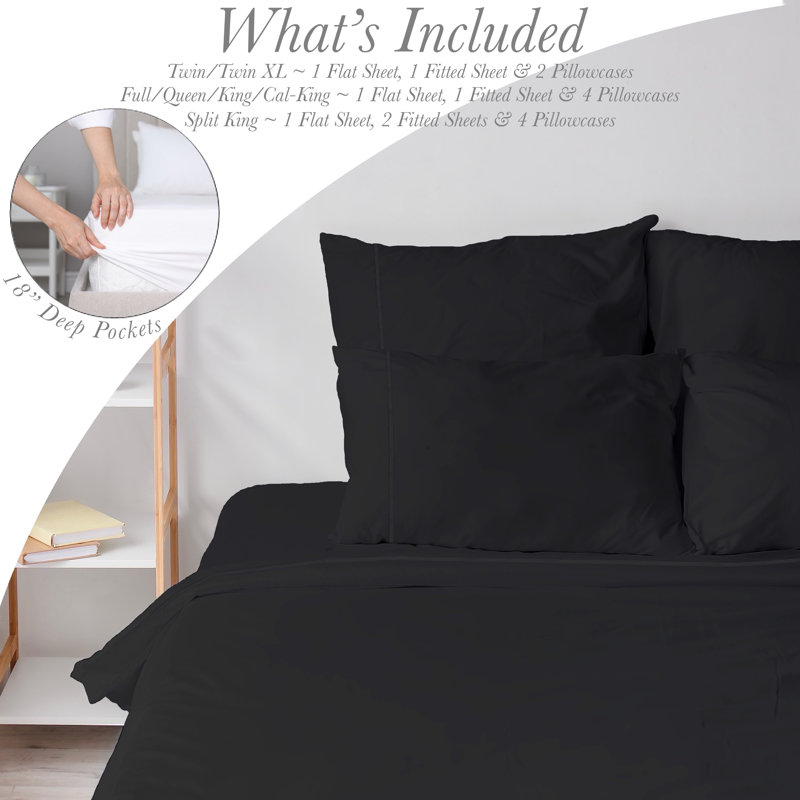 6 Piece Ultra Soft Double Brushed Microfiber Sheet Set, Cooling Sheets with Extra Deep Pockets - Machine Washable, Black