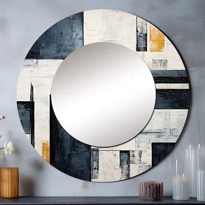 Sarada Indigo Illusion Abstract Shapes VI - Abstract Shapes Large Wall Mirror, Black Round Unique Mirror, Printed Metal Art