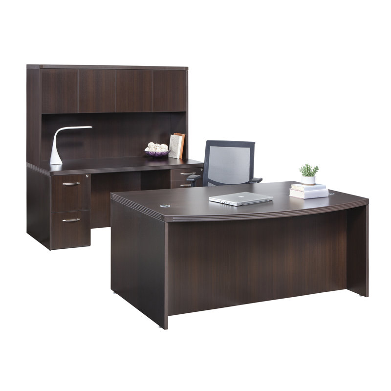 Mocha Wood Executive Desk with Drawer and Nickel Accents