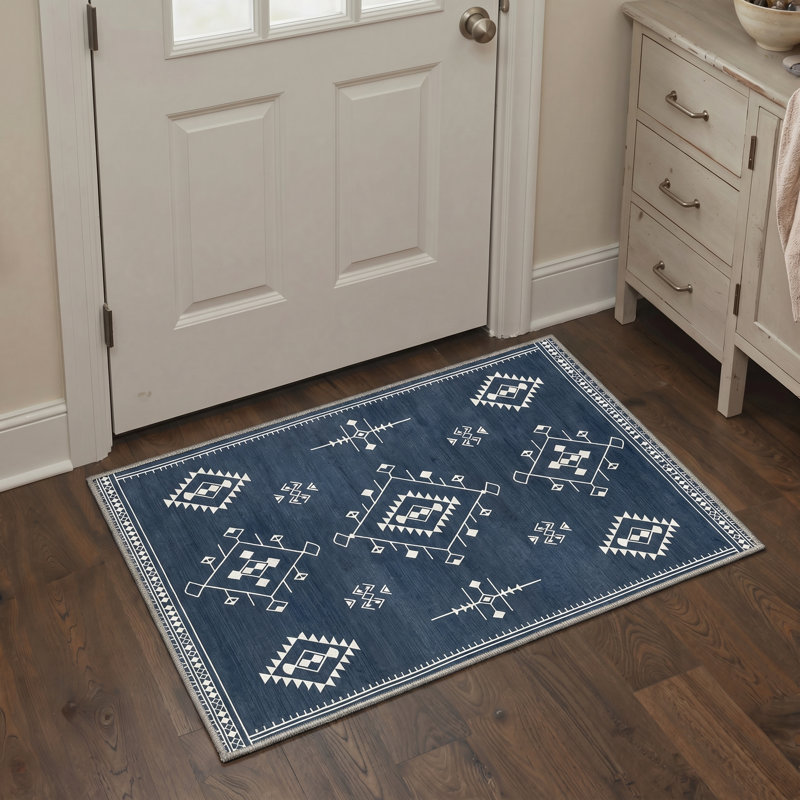 Tapis d'intérieur géométrique bleu / blanc Zephyr, Rectangle 120 " x 96 ", Blue,White