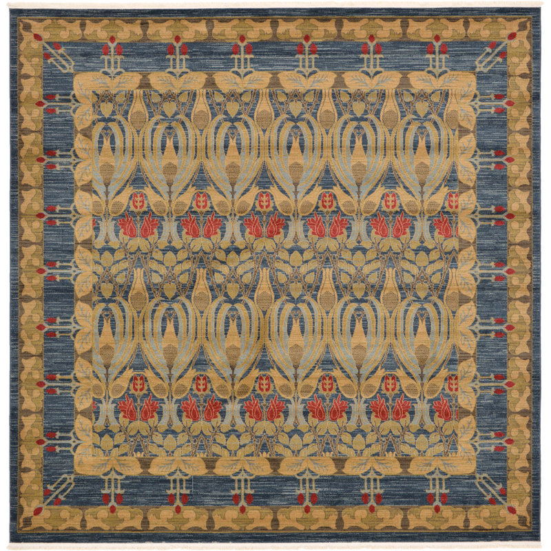 Tapis carré en polypropylène tissé à la machine en rouge / brun / bleu Akane, Carré 10 pi
