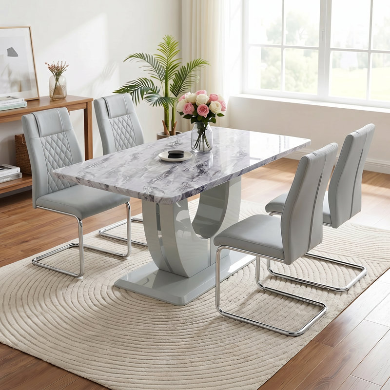 Ensemble repas 5 pièces Kimara, Gris clair, Ensemble de cinq pièces : table, quatre chaises