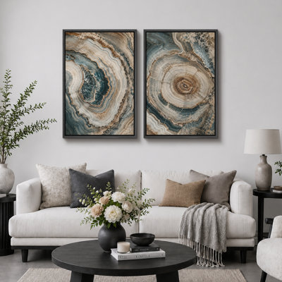 Blue Beige Agate Geode Abstract Artwork, Bedroom Pictures, Framed Canvas Giclee Print 2 Pieces Wall Art