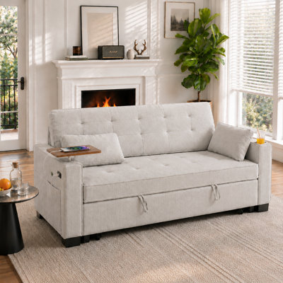 73" Convertible Sleeper Sofa Bed with Pull-Out Bed, Foldable Side Table, USB Ports & Cup Holders, Small Space Multifunction Sleeper Sectional Sofa, Modern Chenille  Upholstered Couch for Living Room, Apartment, Small Space