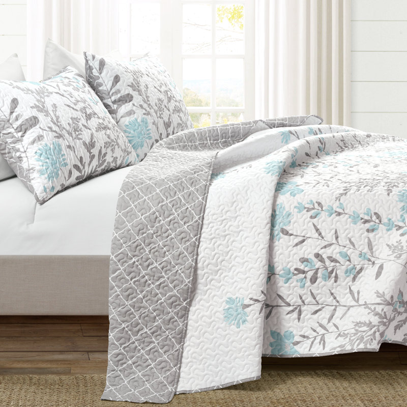 Blue and Gray Reversible Floral Microfiber Full Quilt Set