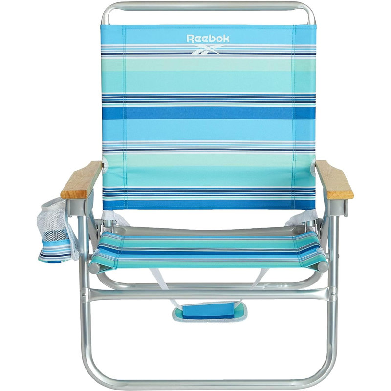  4-Position Reclining Beach Chair, Aqua Stripe Folding Beach Chair with Wooden Armrests, Cup Holder & Storage Pocket, Portable Outdoor Chair