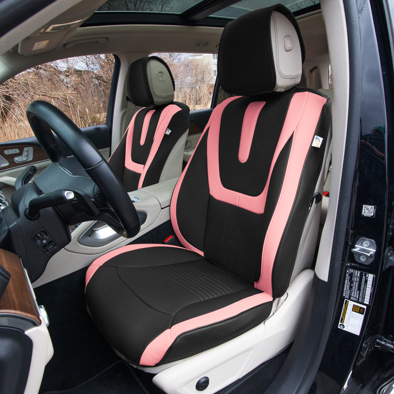 Hybrid70 Deluxe Faux Leather Car Seat Covers with Modern Pattern Front Set, Pink