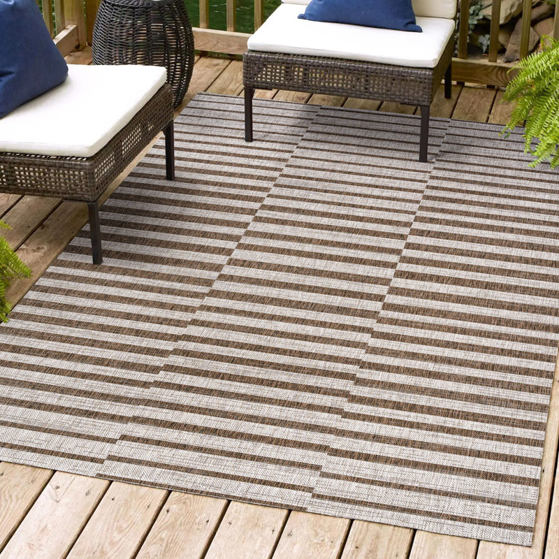 Agha Modern Offset Stripe Beige/Brown Indoor/Outdoor Rug, Rectangle 3'1" x 5'