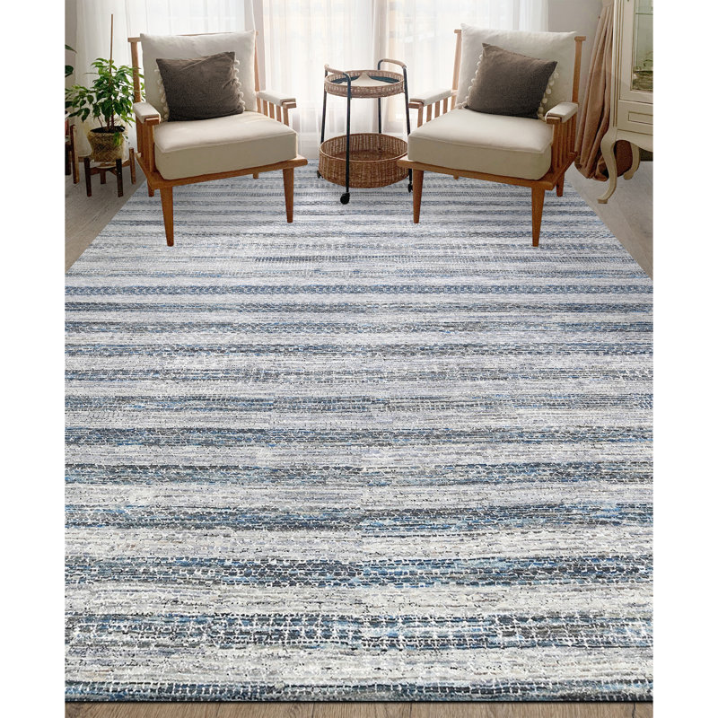 Hand Knotted Striped Area Rug in Blue/Gray