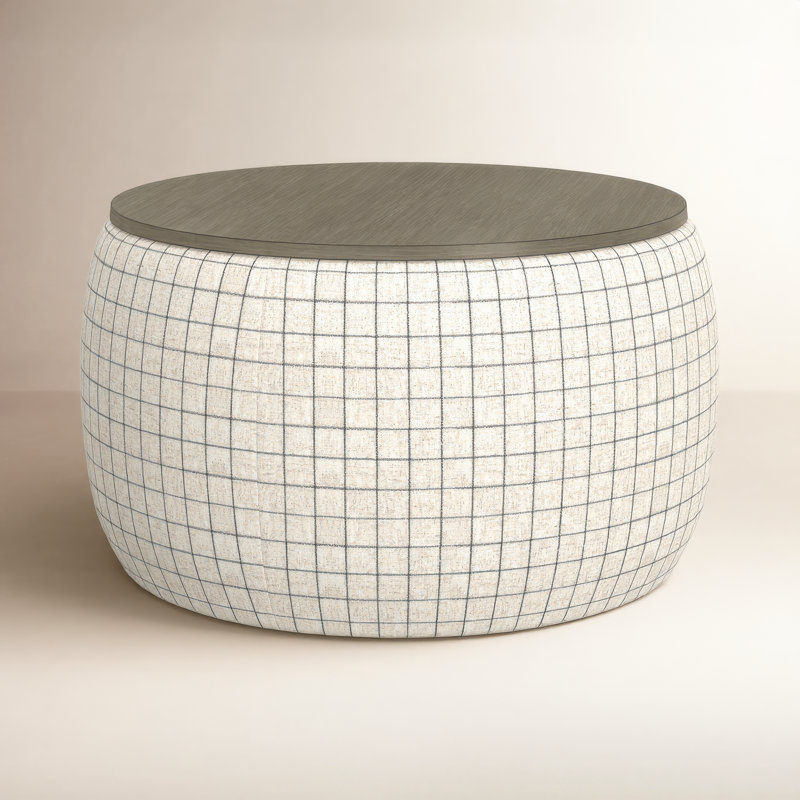 Icarus 34" Wide Storage Ottoman with a Solid Wood Top, Charcoal Windowpane Polyester
