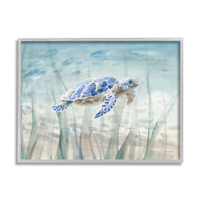 Bébé tortue de mer bleue mouchetée, animal aquatique, océan gris, ferme surdimensionnée, giclée, art texturé par Danhui Nai