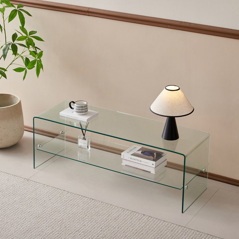 Table télé en verre transparent, meuble télé en verre trempé transparent