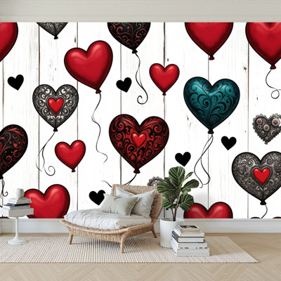 Peel and Stick allpaper 144"  x 100"  Modern Self Adesive all Mural for Bedroom Red Black eart Balloons Intricate Designs ite