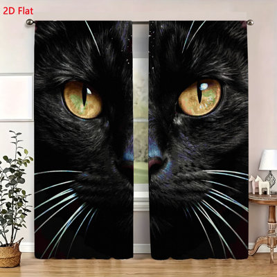 2 Pack Window Curtains Set Featuring Vibrant Black Cat Eyes Portrait Print Modern Decorative Drapery Panels For Living Room Bedroom Home Decor Artistic Animal Theme Window Treatment Soft Fabric Window Drapes