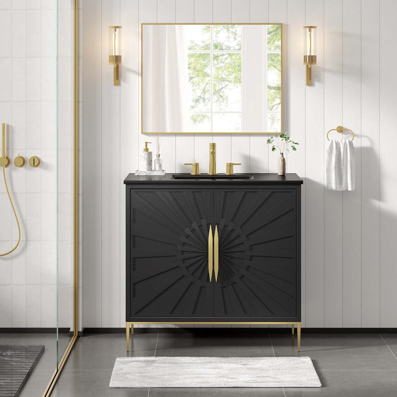 Modway Awaken 36" Black Solid Wood Bathroom Vanity with Gold Accents