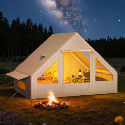 Tente gonflable pour le camping, grande tente gonflable pour 2 à 4 personnes avec pompe facile à installer, lanterneau, prise de poêle, portes, cabine extérieure imperméable Oxford, idéale pour la famille, abri d'urgence, glamping