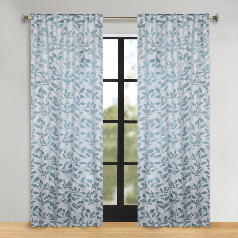Leaves Machine Washable Room Darkening Blackout Curtains With Back Tabs by Superior, Teal, 52" W x 63" L