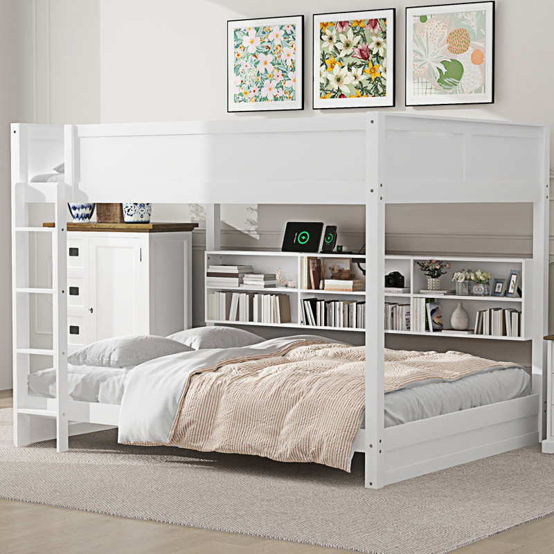 Lit superposé avec armoires de rangement et ports USB, Blanc