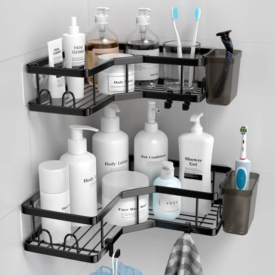 2-Pack Corner Shower Caddy, Adhesive Stainless Steel Shower Organizer With Shelves, Hooks, And Toothpaste Holder, No-Drill, 90° Corners