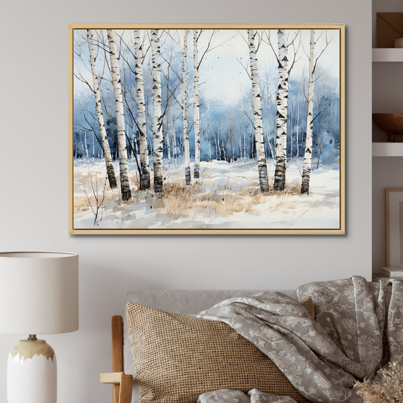 Bois de bouleau blanc et bleu en hiver - Art mural bouleau, 30" H x 40" W, Cadre naturel flottant