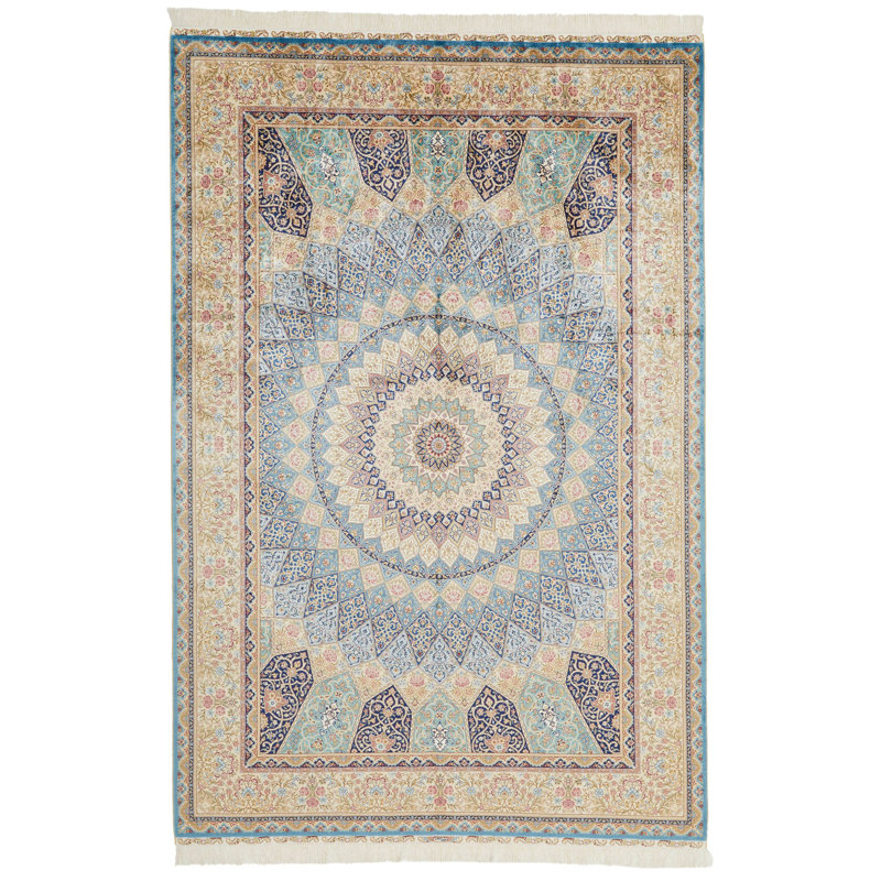 Tapis turc 6x9 bleu clair et ivoire