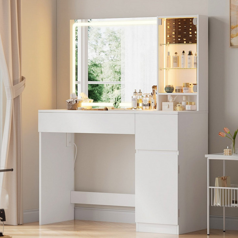 Terical Makeup Vanity with Glass Table and Charging Station, Vanity Table with Lighted Mirror, Drawers and Cabinet for Bedroom