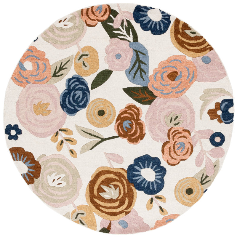 Ivory Floral Hand Tufted Wool Square Rug 72"
