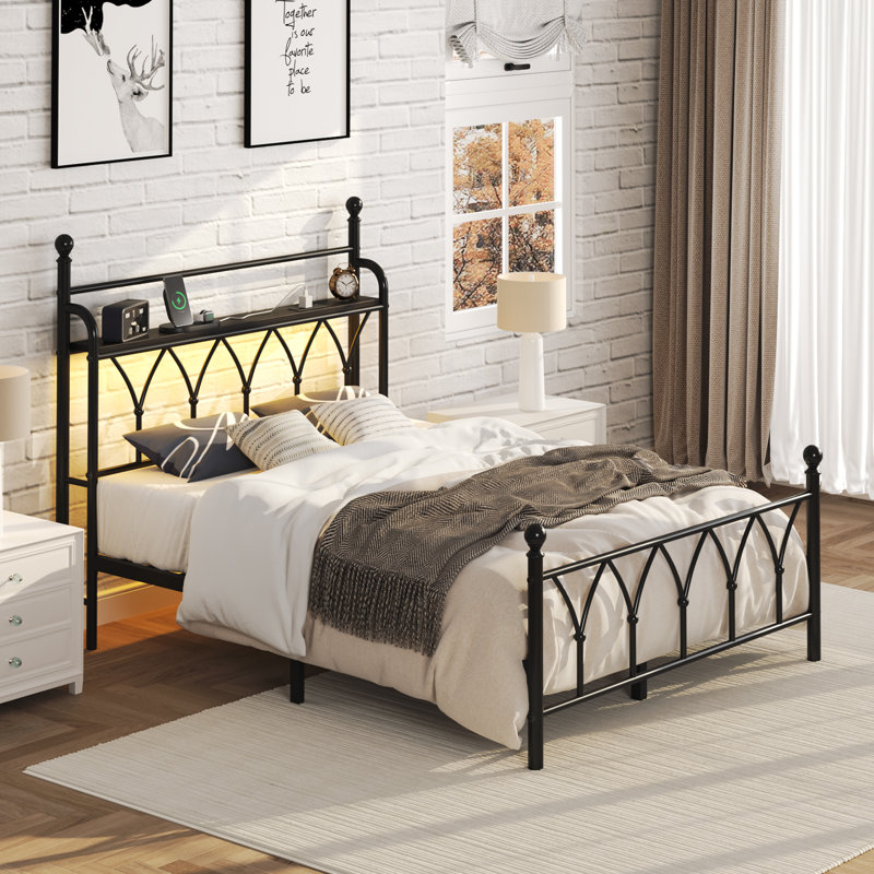 Queen Metal Platform Bed with Floral Style Headboard, Bed Frame with RGB LED Lights, Charging Station & Ample Storage Space, Easy Assembly, Black