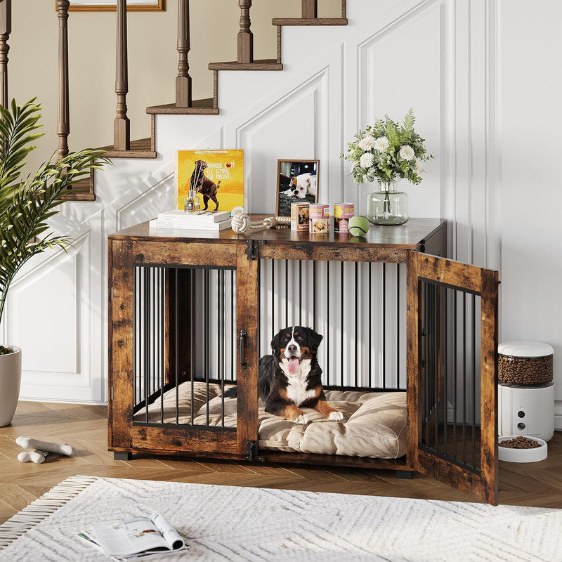Meuble de caisse en bois pour chien - Table de bout à deux portes résistante à la mastication, cage intérieure ventilée