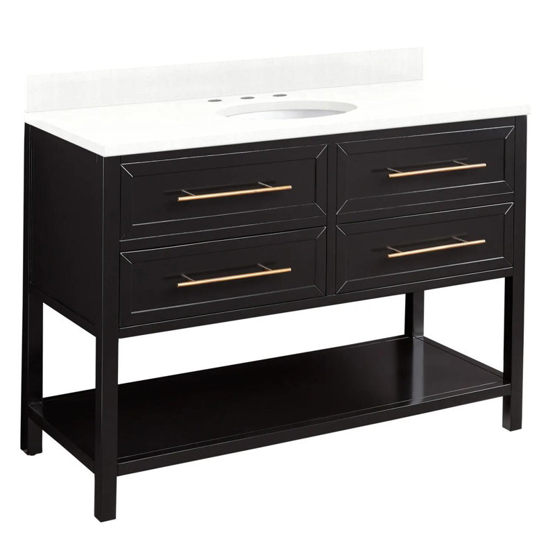 Ensemble de meuble-lavabo simple 48 po avec lavabo encastrable ovale Robertson, Noir, 8 po, Quartz blanc arctique