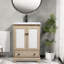 Meuble-lavabo compact en bois brun avec lavabo, décor de salle de bain moderne