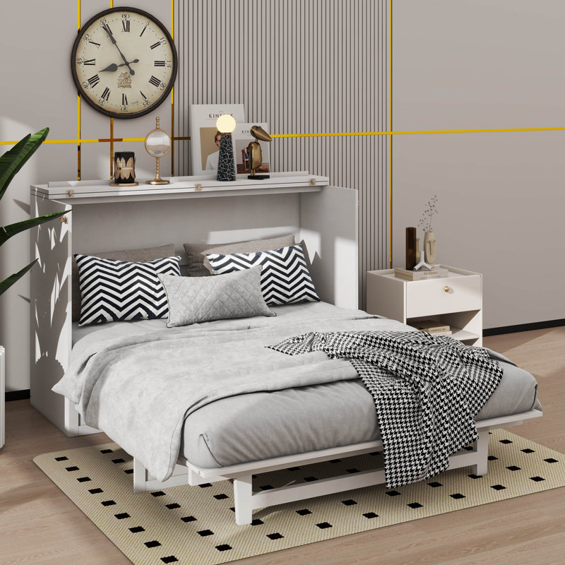 Lit escamotable avec tiroirs spacieux et ports USB pratiques, Blanc, Grand