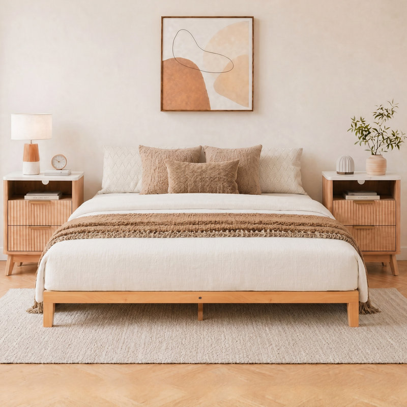 Lit plateforme en bois massif avec table de chevet 2 tiroirs Devries, King, 12"