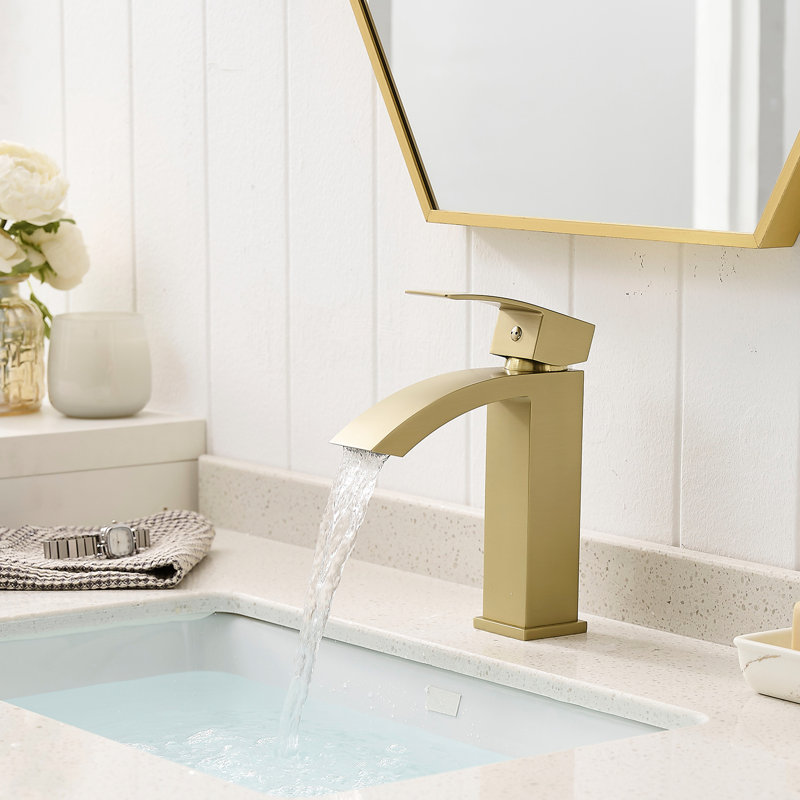 Geometric Shaped Brushed Gold Faucet - Handle, Bathroom Use Ceramic Filler, Basin Tap