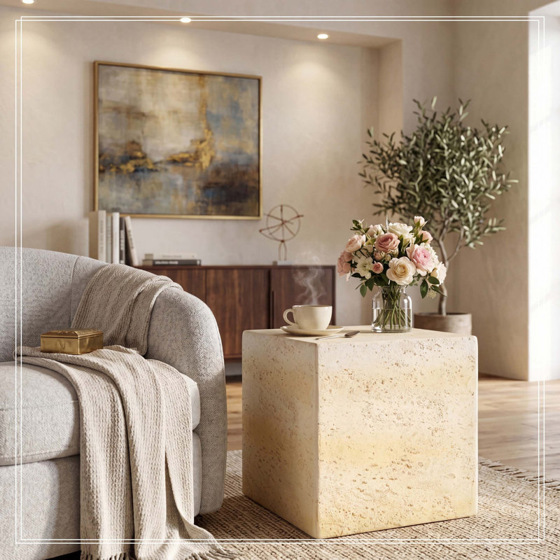 Table d'appoint carrée MGO brun clair clair, table de bout d'appoint texturée en faux travertin, conception pré-assemblée non-KD, capacité de charge de 80 lb, tabouret multi-usage intérieur et extérieur