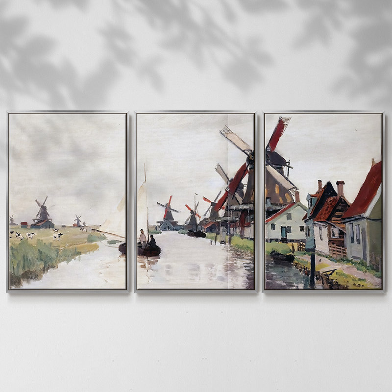 Windmills in Holland, 1871 - Toile encadrée multi-pièces, Argenté, H 40 po x l 78 po x P 2 po