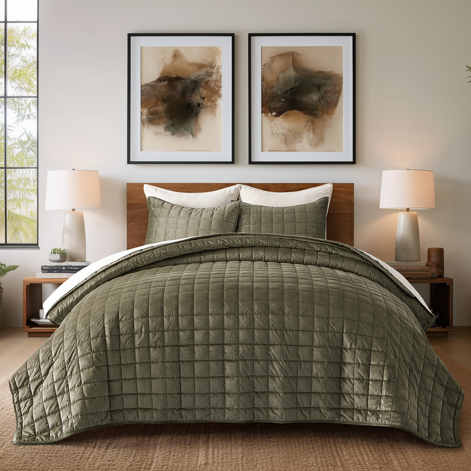 Velvet Quilt Set, King Quilt + 2 King Shams, Moss Green