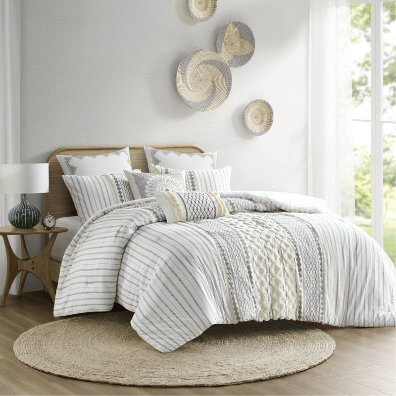 Ensemble d'édredon en coton avec chenille ivoire / grand, Édredon pour grand lit + 2 taies décoratives, Ivoire ivoire