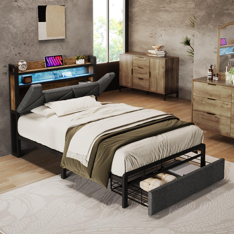 Upholstered Bed With 1 Draewr, Led And Usb Linen Grey, Single (3')