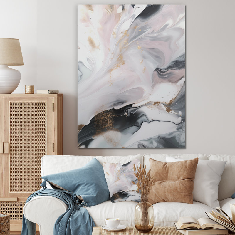 Blanc et gris ondulations de pierre II - impressions sur toile de marbre abstraites, H 44 po x l 34 po x P 1,5 po