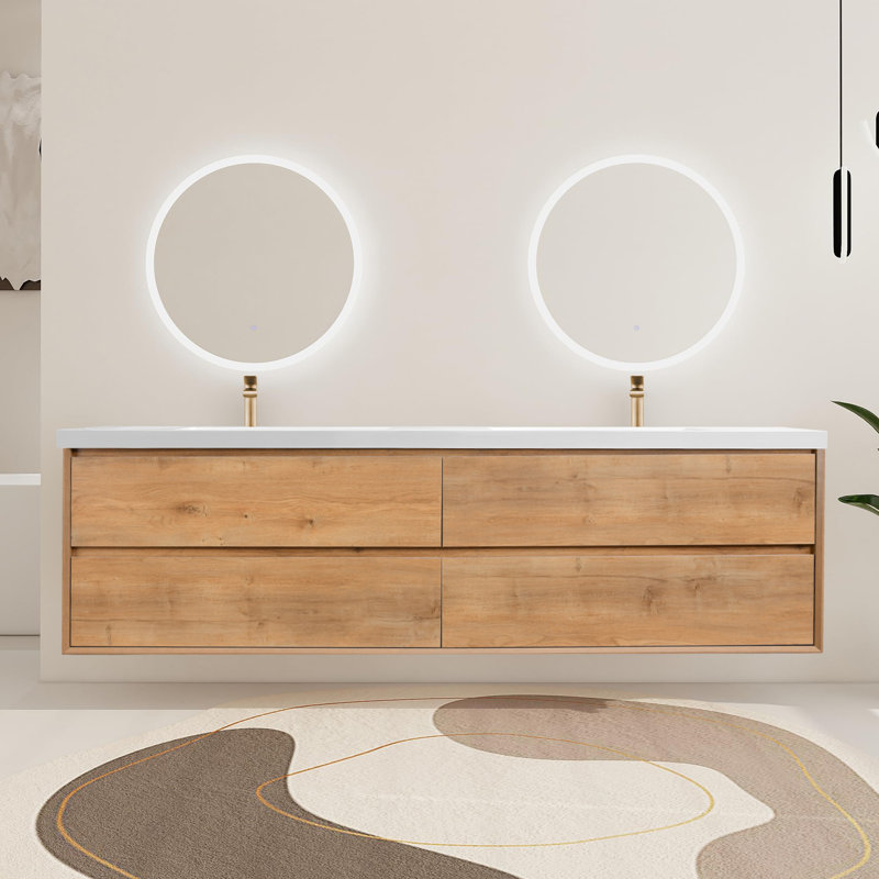 Comptoir de meuble-lavabo double 84 po x 19,49 po avec lavabo intégré en résine sans robinet et bonde à poussoir, blanc