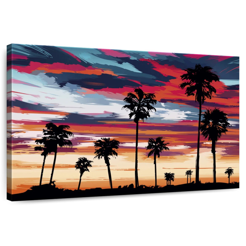 Silhouette de palmiers au coucher du soleil, H 24 po x l 36 po