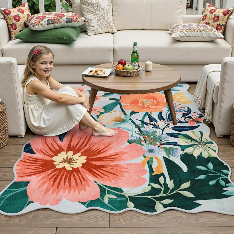 Tapis lavable pour tapis de salon antidérapant à motif floral antidérapant, Rectangulaire 8 pi x 10 pi