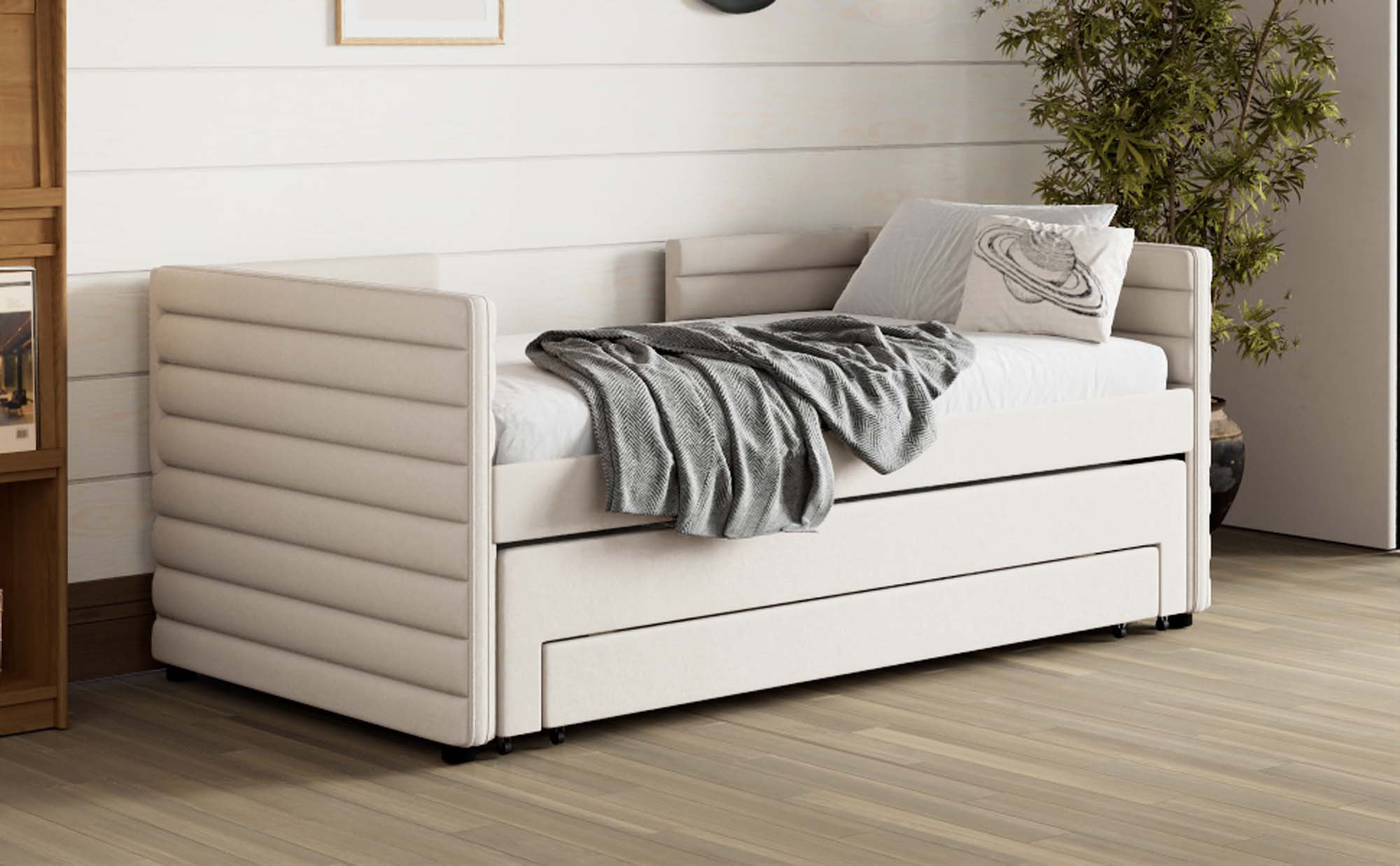 Twin Size Upholstered Daybed with Trundle & Drawers - Grey