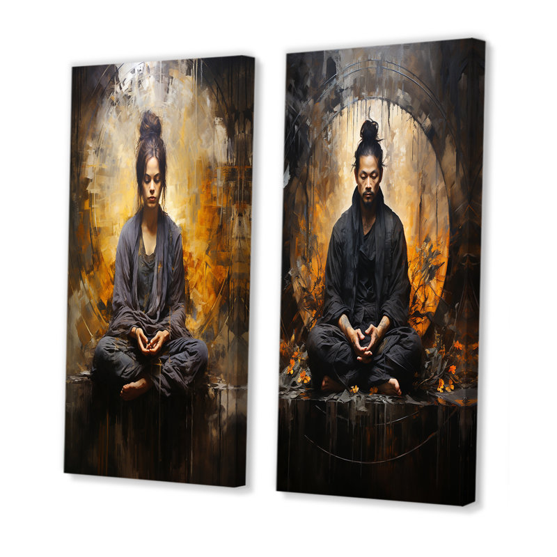 «Black and Gold Yogic Meditation», ensemble d'art mural sur toile de yoga, Toile tendue, H 28 po x l 25 po