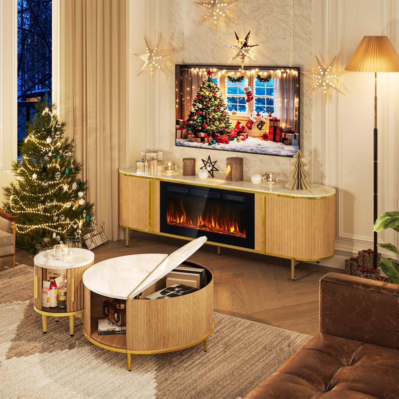 70" Fireplace Tv Stand And Coffee Table Set With Hidden Storage: Flip-top Lid & Sliding Doors, Natural Wood/White
