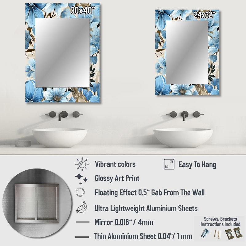 Motif floral Ayotomiwa Blue Coastal Harmony - miroir mural floral, 32 po x 24 po