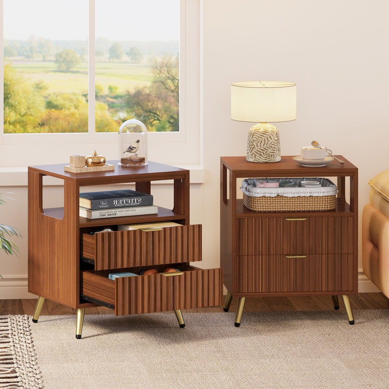 Mid-Century Modern 2-Drawer 23" Tall Nightstand with Open Cubby, Fluted Cute Bedside Table with Open Shelf, Storage End Table For Bedroom, Living Room, Sofa and Office