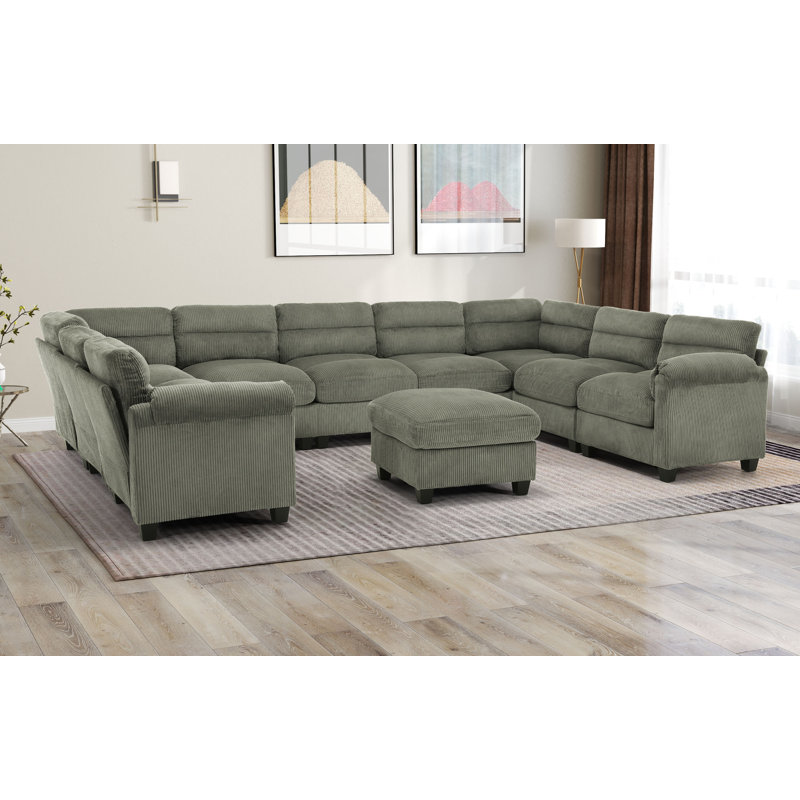 Canapé modulaire rembourré en velours côtelé 10 pièces avec repose-pieds Dona, Velours côtelé vert