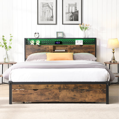 Metal Platform Bed Frame, Wooden Headboard With 2 Outlets, Drawers Storage, Led Lights, Easy Assembly, 600 Lbs Weight Capacity Size And , Charging Prototype, Drawer Storages, No Box Spring